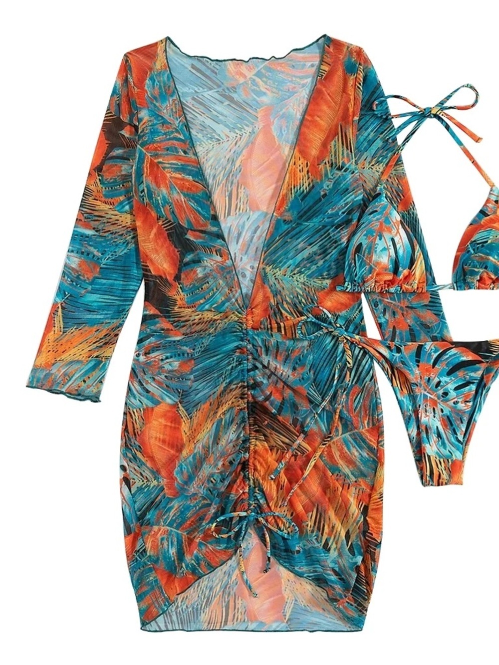Roxylicia Teal & Orange Tropical Ruched Bikini Dress Large 🔥🩵🔥🩵🔥 - Picture 6 of 8